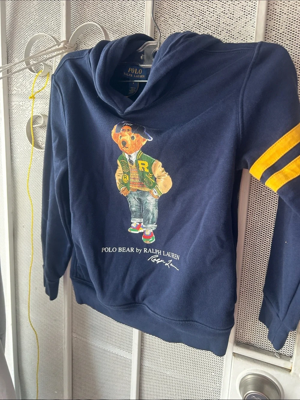 Ralph Lauren Navy Polo Bear Hoodie with Yellow Sleeve Stripes